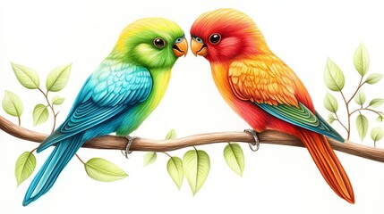 Colorful Lovebirds on a Branch - A Beautiful Pencil Drawing