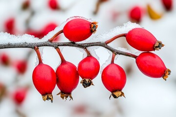 An ice-covered branch is adorned with rosehips