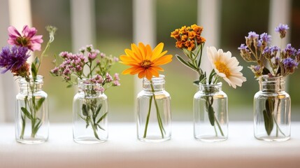 Fototapeta premium A series of small glass bottles, each containing a different flower, arranged on a white tablecloth for a wedding centerpiece