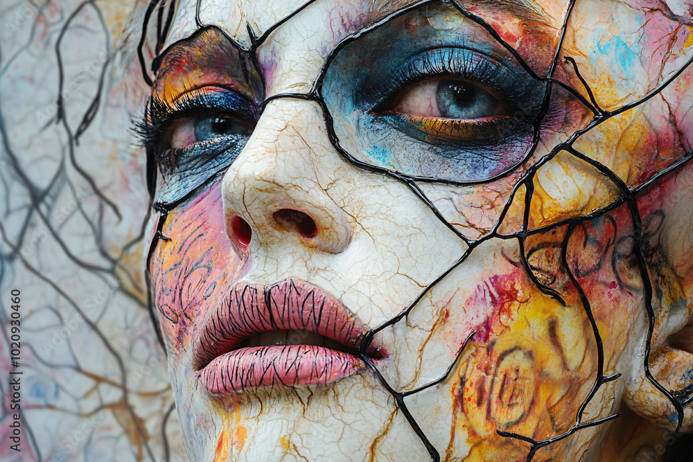 Poster a surreal close-up of a face with cracks and colorful details, creating an abstract and haunting art