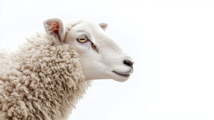 Fototapeta premium High-Key Close-Up of Sheep in Profile with Fluffy White Wool on White Background