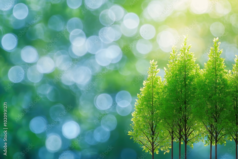 Poster a tree with three other trees in the background. the trees are green and the background is blue