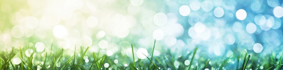 Obraz premium A lush green field with a bright blue sky in the background. The grass is tall and vibrant, creating a serene and peaceful atmosphere. The sky is clear and sunny, with no clouds in sight