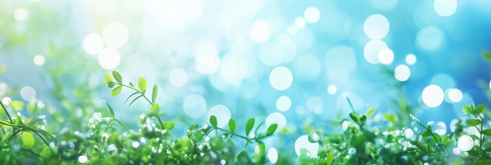 Fototapeta premium A field of green grass with a blue sky in the background. The grass is lush and vibrant, and the sky is clear and bright. Concept of peace and tranquility, as if one were walking through a serene