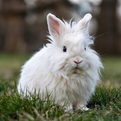 Adorable fluffy white rabbit in a grassy field looking curious