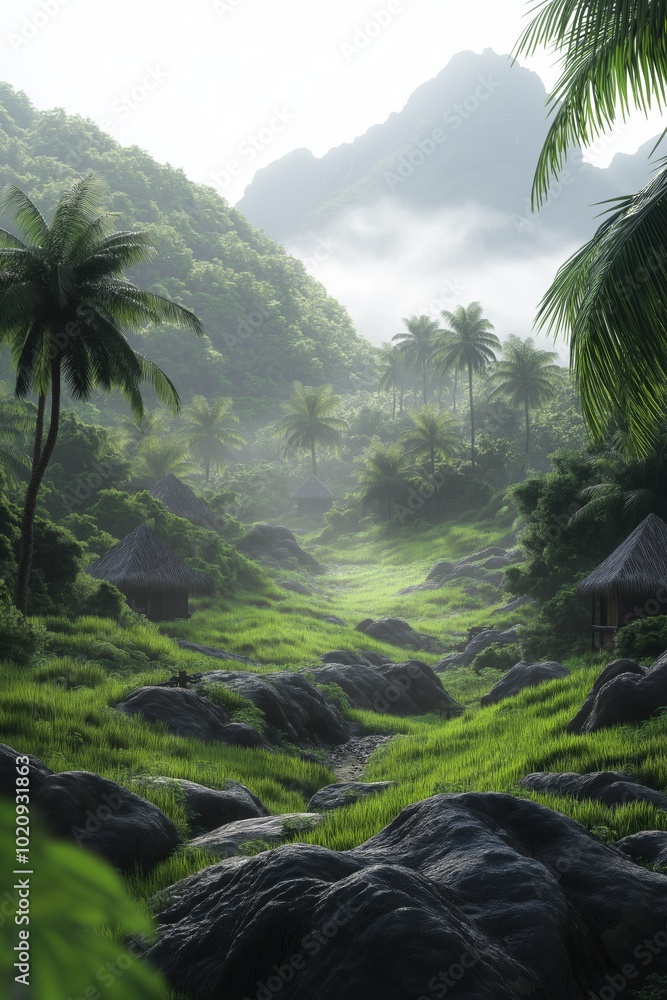 Poster a lush green jungle with a path through it. the path is surrounded by trees and rocks