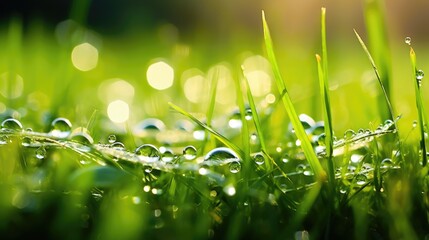 Grass. Fresh green spring grass with dew drops closeup. Sun. Soft Focus. Abstract Nature Background