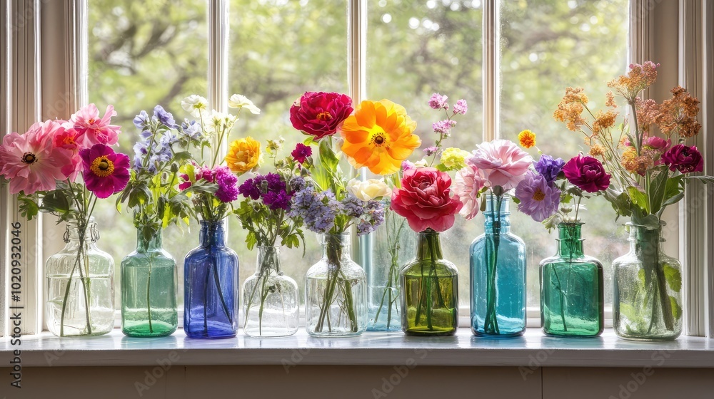 Poster an assortment of colorful flowers in various glass bottles, creating a charming display on a windows