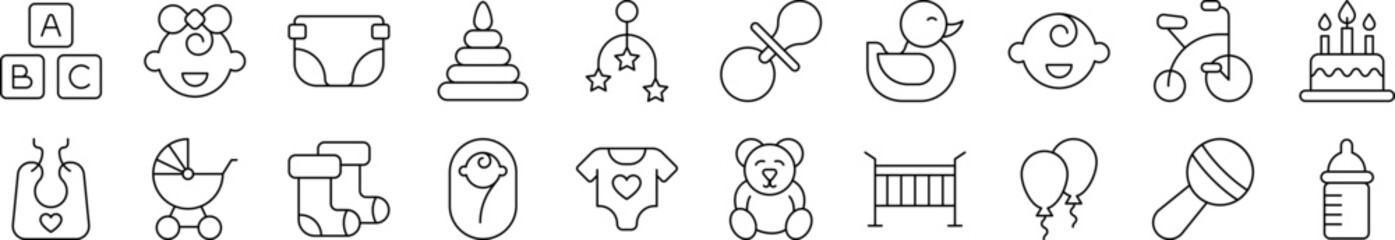 Childhood Outline Icon Collection. Editable Stroke. Perfect for Infographics, Articles, Books, Flyers, Banners