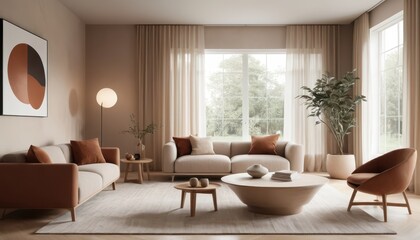 Fototapeta premium Modern Cozy Living Room Interior with Elegant Decor and Natural Light