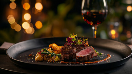 gourmet dish elegantly plated on a fine dining setting, with vibrant and fresh ingredients, artistic presentation, high-quality ingredients