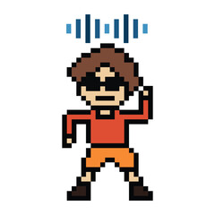 Obraz premium Cute cartoon pixel character cute man exercises training dance lifestyle music decoration life style 8 bit male boy dance with music game fitness isolated PNG vector.