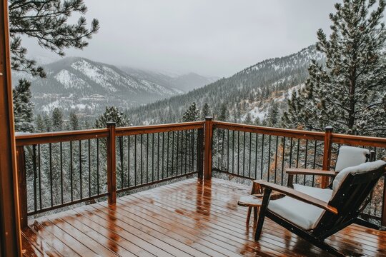 A high angle view of autumn foliage covering trees with snow covered leaves and a chair on a wooden deck railing is shown in this real estate photograph of a house
