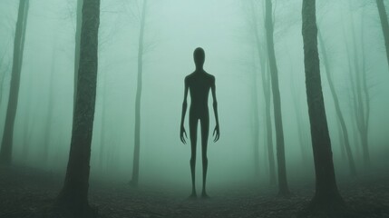 Fototapeta premium Mysterious Silhouette in Foggy Forest, AI