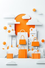 Mockup illustration Papercut style, for the shopping season. Use orange and white