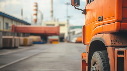 Orange Truck at Industrial Site with Modern Backdrop