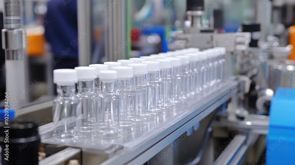 Poster clear bottles on assembly line in modern factory