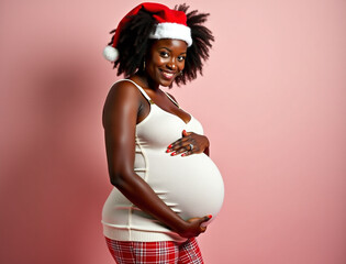 portrait of a pregnant afro woman in santa claus clothes and hat on a pink background