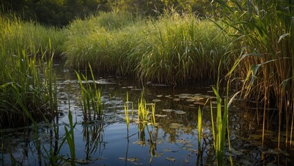 Obraz premium Sunset over a lake covered with reeds