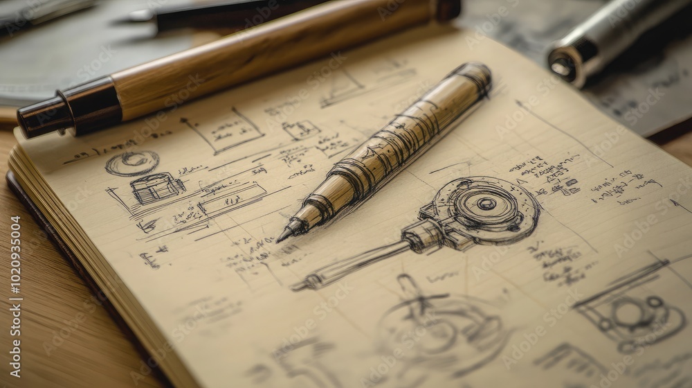 Poster creative sketch of mechanical design with writing tools