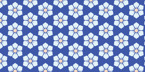 Cool pattern with cherry blossom motif with 6 light blue petals on a dark blue background