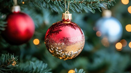 A red and gold Christmas ornament hangs from a pine branch, reflecting the twinkling lights of the season