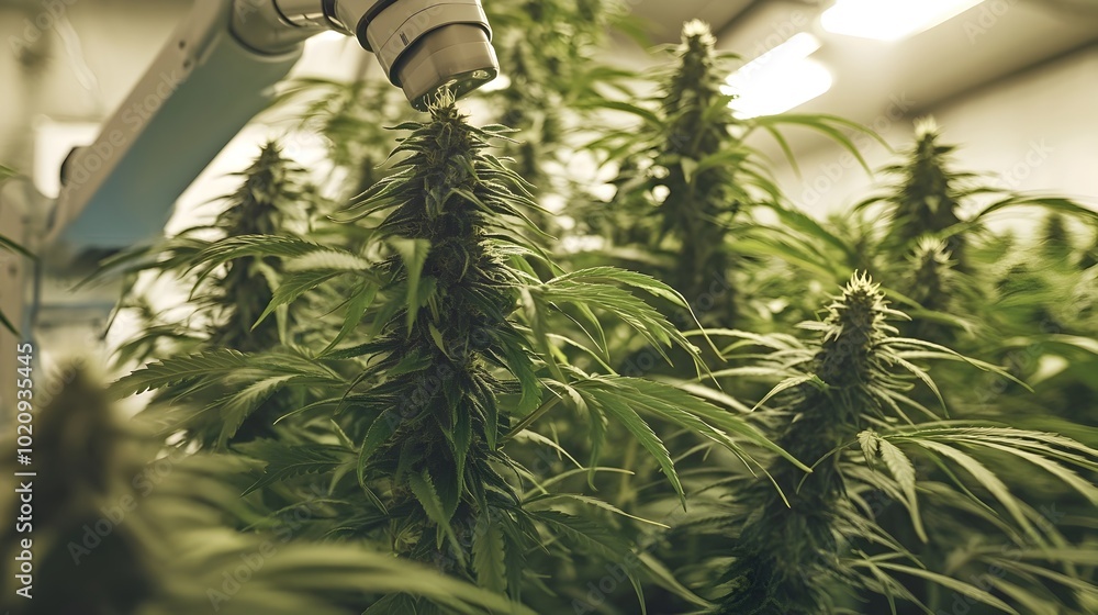 Poster robotic arm extracting cbd from cannabis flowers in a futuristic lab automation and advanced