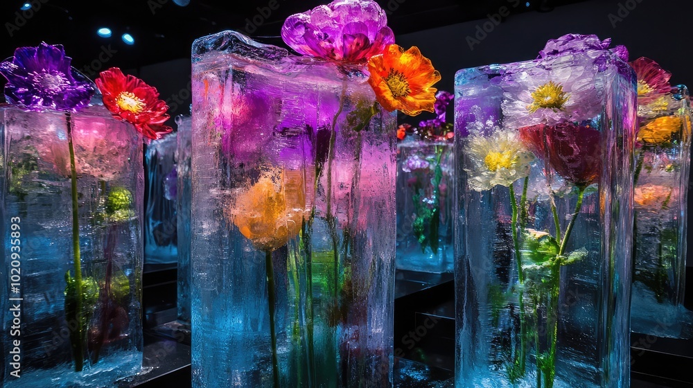 Poster a creative display of flowers encased in ice and illuminated from below, casting colorful reflection
