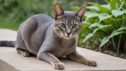 Blue abyssinian cat in the garden