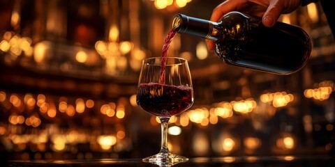 A hand pours red wine into a glass, illuminated by warm bokeh lights, creating a luxurious and inviting atmosphere.