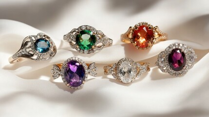 A glamorous shot of assorted gemstone rings on a white backdrop, capturing their colors and unique designs beautifully