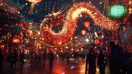 Fototapeta premium Dragon parade with lanterns and fireworks at a festival