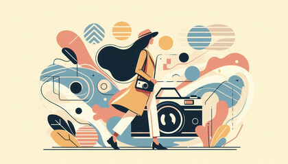 Obraz premium Abstract illustration of a woman with a camera, surrounded by creative and dynamic shapes, symbolizing photography and exploration
