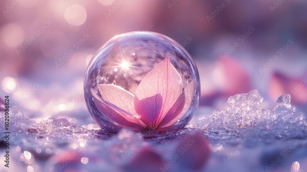 Poster a flower petal floating in a clear ice sphere, with light refracting through the ice, creating a dre