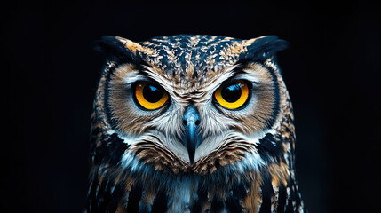 Obraz premium A stunning close-up of a fierce owl with striking yellow eyes and intricate feathers, capturing the essence of night predators.