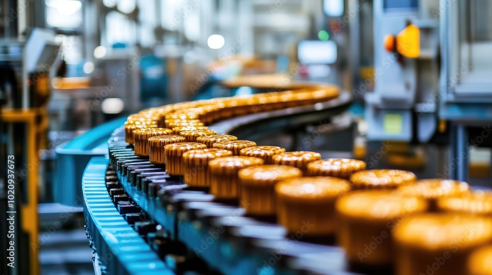 Poster production line with bottles in factory setting