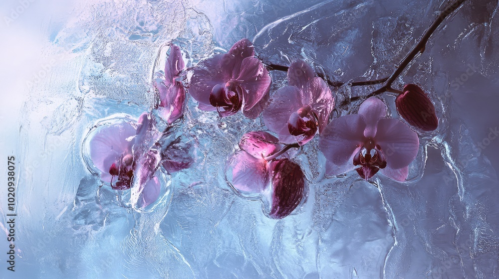 Poster a frozen arrangement of orchids in ice, reflecting soft light and creating a delicate, ethereal atmo