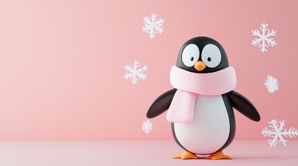 Obraz premium Happy penguin with a scarf, snowflakes and stars, 3D illustration