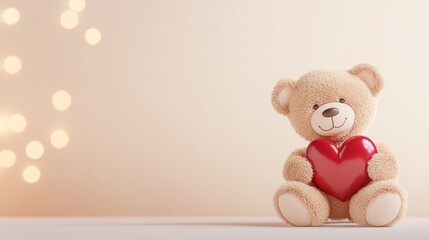 Happy teddy bear hugging a heart, soft glow background, 3D illustration