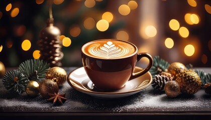 Obraz premium Coffee cup with latte art, decorated with holiday elements and warm lights.