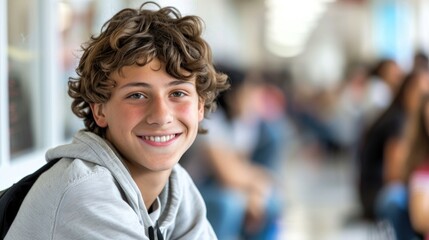 Fototapeta premium Portrait of handsome young university student standing and leaning to a wall in college corridor with other students at the back. Caucasian male student in high school campus.