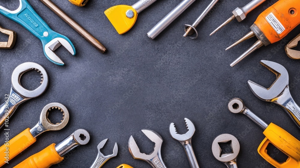 Poster assorted tools on dark background for diy projects