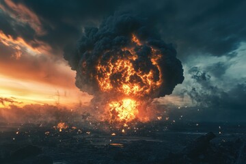 Explosion of smoke and fire in the sky, with flames and ash spreading outwards