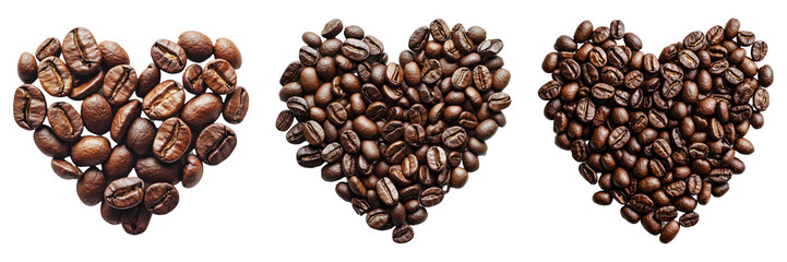 Obraz premium Top view coffee beans arranged in heart shape isolated on transparent PNG background perfect for beverage-themed illustrations or cafe branding