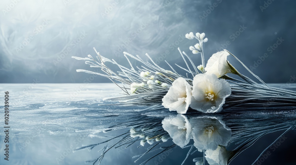 Poster a frozen flower arrangement placed on a reflective surface, creating an artistic and serene composit