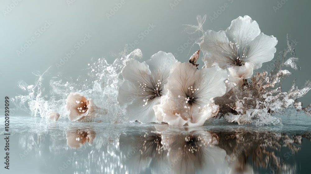 Poster a frozen flower arrangement placed on a reflective surface, creating an artistic and serene composit