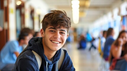 Fototapeta premium Portrait of handsome young university student standing and leaning to a wall in college corridor with other students at the back. Caucasian male student in high school campus.