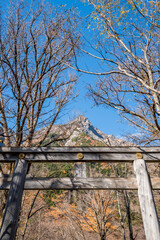 上高地 穂高神社奥宮鳥居と明神岳　長野県松本市安曇中部山岳国立公園