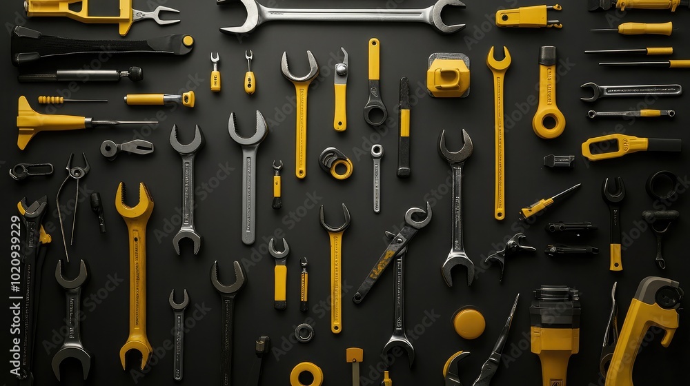 Poster assorted tools on dark background for diy projects