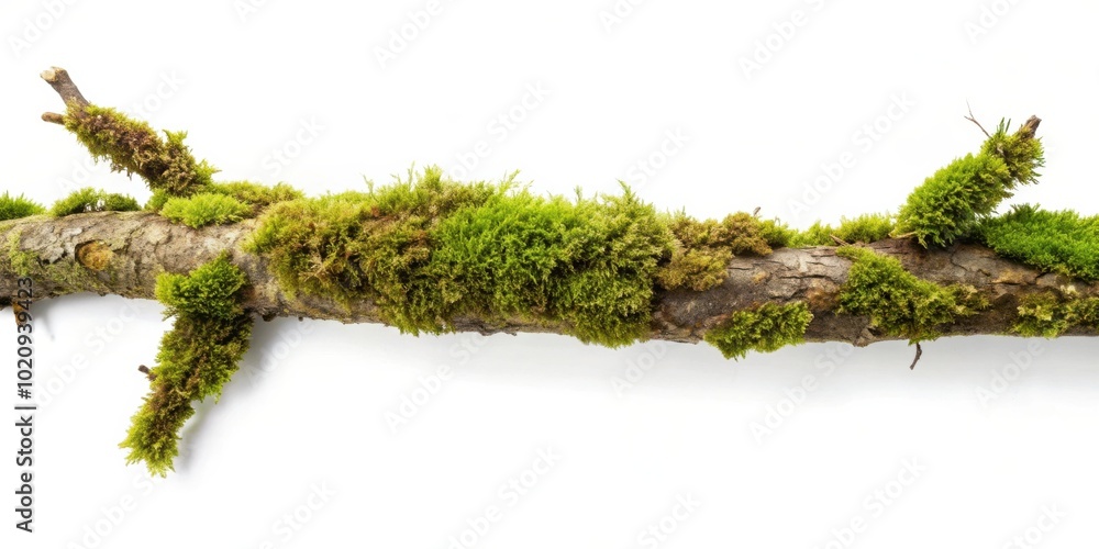 Poster a close-up view of a moss-covered branch isolated on a white background